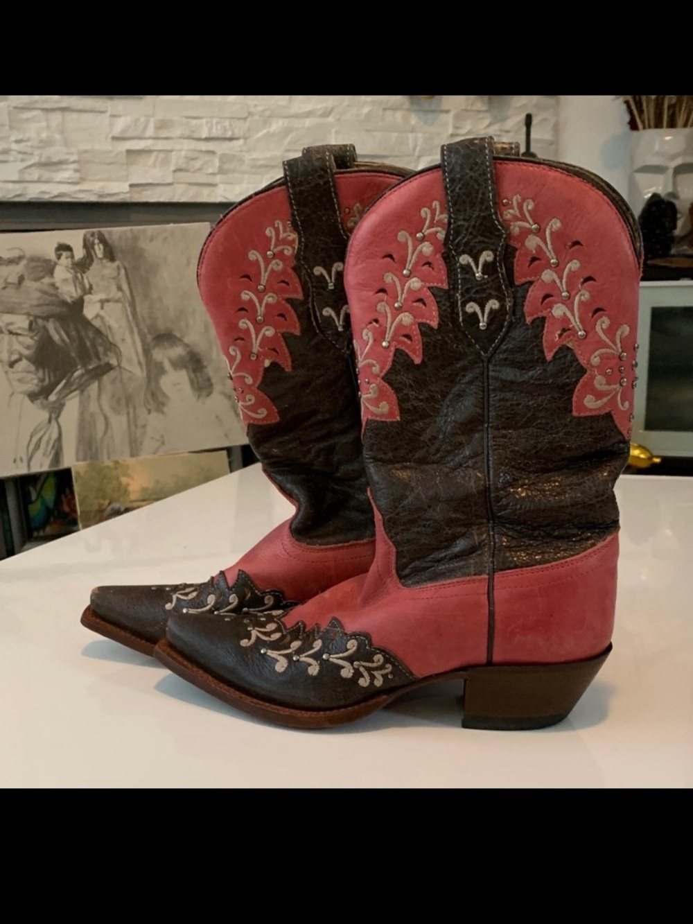Tony Lama Women’s Cowboy Boots – Pink & Brown Embroidered, Size 5 B - Picture 2 of 12